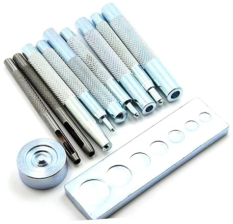 WOONEKY 11 Piezas Kit Herramienta Base Punzón Remachadora y Setter para Botones Arandelas y Ojales Mango Extra para Agarre Metal Sólido Resistente