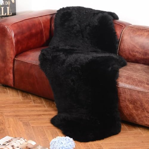 Genuine Australian Sheepskin Rug Black Double Pelt – Real Wool Sheepskin Throw 2ft x 6ft (60cm x 180cm) – Soft Natural Lambskin Area Rug