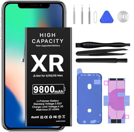 Batterie pour iPhone XR, 9800mAh Batterie de Remplacement Haute Capacité pour iPhone XR A1984, A2105, A2106, A2108 avec Kit d'outils de Réparation