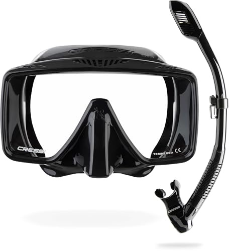 CRESSI Desde 1946 - SF1 & Dry Combo - Set de Máscara Cuadrada sin Marco con Lente Templada + Tubo Dry Ideal para Buceo Apnea y Snorkeling, Negro/Negro, Talla Única Unisex