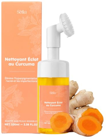 Séfia - Nettoyant Visage Éclat au Curcuma 100 ml - Mousse Nettoyante avec Brosse Intégrée - Rose Sauvage + Acide Kojique + Vitamine E - Purifie & Illumine - Peaux Mixtes à Grasses (Ancienne Version)