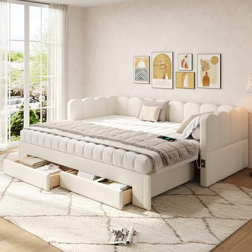 Xwiny Tagesbett 90x200 cm, Polsterbett mit USB-Anschluss, Ausziehbett mit Schubladen, Lattenrost aus Holz, Beige, Leinen(Ohne Matratze)