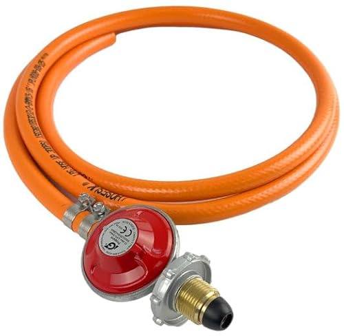 Propane Regulator (Red) Hand Wheel 37mbar + 8mm LPG Gas Hose + Clips 2 Metre Fits Calor Gas & Flogas Screw in Cylinders
