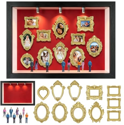 Generisches DIY mini Museum Silhouette Box, mini bilderrahmen mit 8 Miniatur Menschen, 11 Goldrahmen & 3 Leuchten ,Miniatur Menschen – Geschenk für Valentinstag, Hochzeit & Jahrestag.