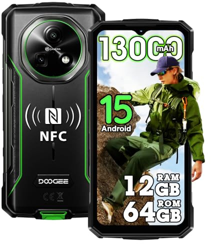 DOOGEENEXT Fire 5 Teléfono Robusto, 13000mAh 10W, 12GB+64GB/2TB 4G Android 15 Móvil, 6.6 HD+90Hz, 13MP+8MP Durabilidad Todoterreno, IP68/NFC/Face ID/3 Slots/OTG/GPS (Verde)