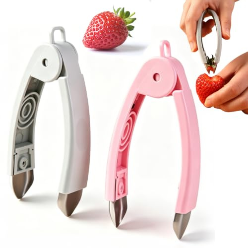 2PCS Strawberry Huller Tool, Pineapple Cutter Slicer and Corer | Flexible U-shaped handle design, matte grip, stainless steel blade, simple operating mechanism, small size for easy cleaning