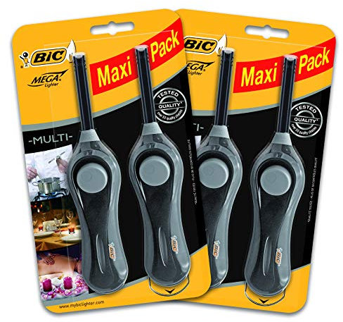 BIC Utility Lighter, with a 6cm extension wand, lasts up to 750 lights, Black, Pack of 4