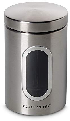 ECHTWERK Boîte de conservation en métal 1,4 L avec fenêtre et couvercle hermétique, 1 pièce, boîte alimentaire pour farine sucre céréales thé, finition brossée, gris argenté