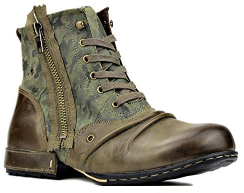OSSTONE Botas para Moto Botines Hombre de Invierno Piel Zapatos Negras Vestir Nieve Piel Forradas Calientes Planas Combate Militares Cremallera Boots OS-5008-8-Green-7.5