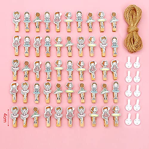 Lot de 50 mini pinces à linge en bois - Pinces à linge en bois + 10 m de ficelle de jute - Pinces décoratives pour photos - Pinces décoratives pour linge de photo - Pour filles