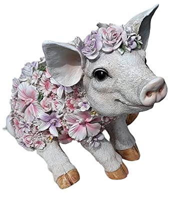 OF Gartenfiguren süsses Schwein mit Blumen verziert - Gartenfigur Ferkel Deko für außen Tiere groß (Schwein sitzend)