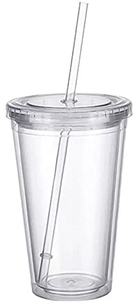 CEIEVER Hartplastikbecher mit Deckel und Strohhalm, Transparent Doppelwandig Kunststoffbecher, Wiederverwendbarer Plastikstrohbecher, Wiederverwendbare Trinkhalm Plastikbecher Partybecher (1, 500ML)