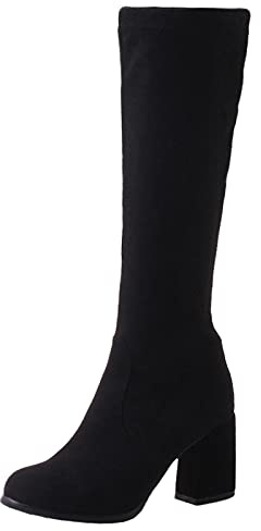 Bviennic Mujer Tacón Ancho Moda Knee Botas Stretch Punta Redonda Sin Cordones Invierno Warm Hombre Tacón Alto Botas De Montar Negro Talla 45 EU-47Cn