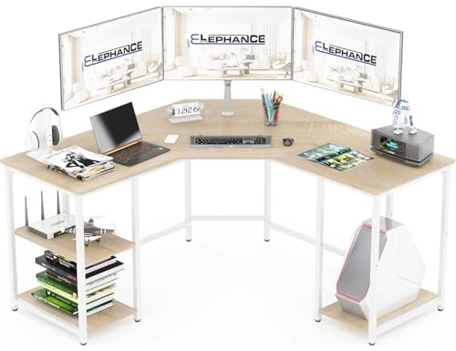 Elephance Large L-Shaped Computer Desk with Shelves, Corner Desk, Home Office Writing Workstation, Gaming Desk PC Latop Table with Storage