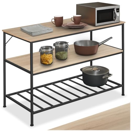 tectake® Étagère de Cuisine Pratique et Robuste à Trois Niveaux, 120 x 60 x 90,5 cm Meuble Cuisine Style Industriel Sobre, Etagere Bois et Acier, Meuble de Rangement sur Pieds réglables, Bois Clair