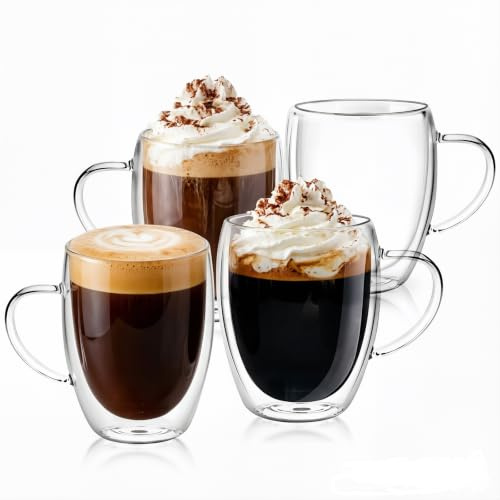 Goldmeet Double Walled Coffee Glasses Mugs, 4 Pack, 350ml/12oz Insulated Latte Glasses Cups with Handles, Heat Resistant Borosilicate, Glasses Cup for Coffee Tea Milk Juice Ice Cream