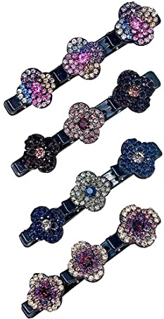4 Stück Kolibri Haarspange Vierblättriges Kleeblatt Doppelschicht Haarspange Kolibri Haarspange Glitzer Kristallblume Damen Haarspangen mit 3 Clips Mädchen Kinder Klein Haarklammer