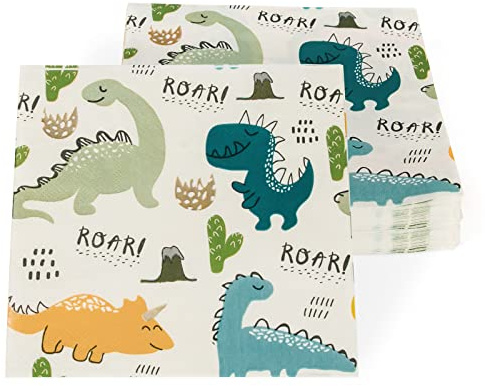 PARTY GO Dino Servietten Kindergeburtstag 40 Stück, Dinosaurier Servietten für Dino Geburtstag Deko Papierservietten Kindergeburtstag 33 * 33CM