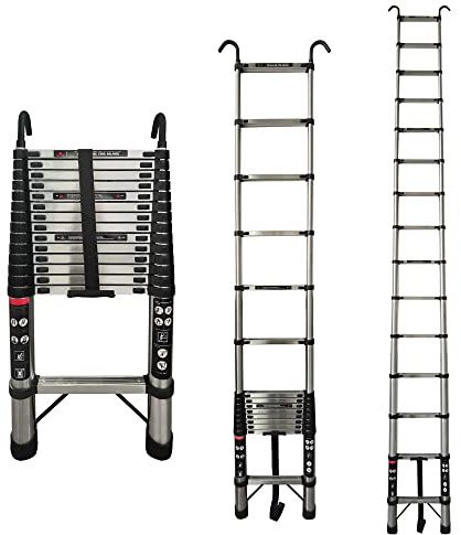 Edelstahl Teleskopleiter Klappleiter, 5m Ausziehbar Leiter mit 2 Haken, Mehrzweck Schiebeleiter Sprossenleiter Stehleiter, Einfach zu Verwenden, 150kg Tragkraft