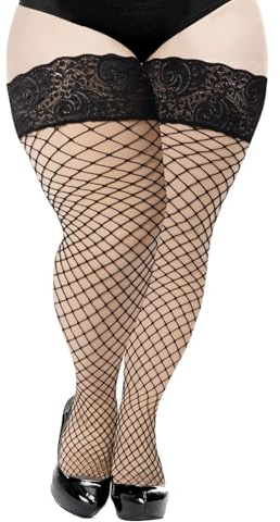 Moon Wood Halterlose Netzstrümpfe Damen Sexy Overknee Strümpfe mit Spitzen Lace Hohe Oberschenkel Strümpfe mit Rutschfestem Silicone Große Größe