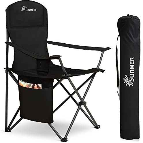SUNMER Folding Camping Chairs, Extra Wide Lightweight Outdoor Chairs with Armrests and Cup Holder, 120 kg Capacity - Black