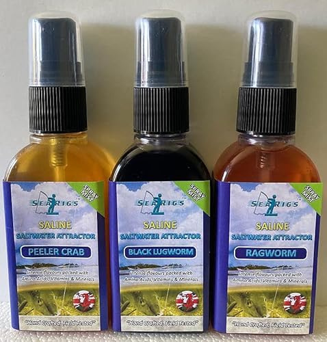 Sea Fishing PEELER CRAB - BLACK LUGWORM - RAGWORM - 3 x 50ml Natural Saline Bait Sprays