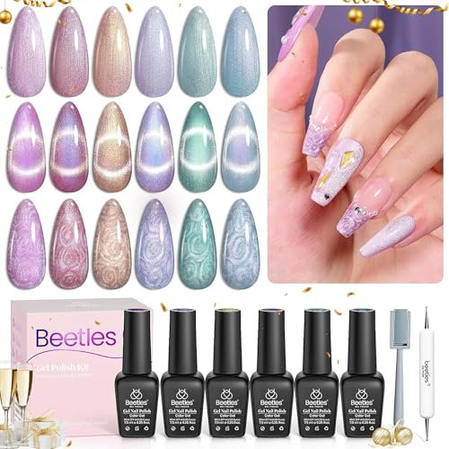Beetles Cat Eye Gel-Nagellack, 6 Farben schimmernder Perlen-Cat-Eye-Gel-Lack Lila Gold Blau LED Herbst-/Winter-Glitzer-Nagellack mit Magnet und doppelseitigem Stift für Frauen DIY Home