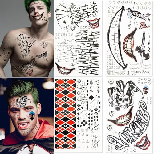 Halloween Clown Temporäre Tattoo Grün Haarwachsfarbe,Joker Tattoo Abziehbar Cosplay Aufkleber,Horror Night Body Aufkleber Kostüm Halloween Karneval Fasching Cosplay Thema Party (Tattoo)