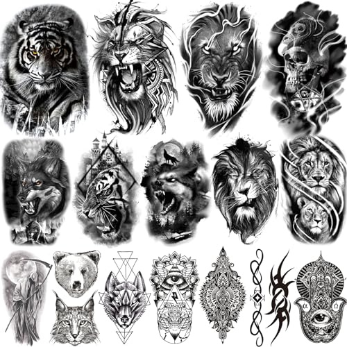 66 Hojas Tatuajes Temporales de Manga Media Grandes para Hombres Adultos, Tatuaje Cabeza de León y Tigre Negro para Hombres, Tatuajes Resistentes al Agua y Duraderos para Cuerpo de Manga Media