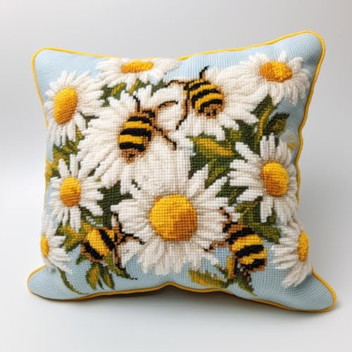 Bee and White Daisy Latch Hook Kits Pillow with Printed Canvas Handmade Cushion Crochet Yarn Embroidery DIY Hook and Latch Kit Pillowcase Christmas Decoration 43x43cm(4)