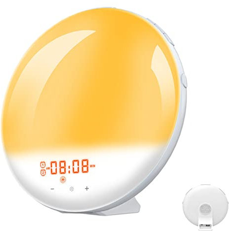 VELLOW La sveglia all'alba con luce sveglia è adatta a bambini, dormienti, con simulazione 'alba, assistenza al sonno, doppia sveglia, radio FM, luce notturna, luce solare e 7 colori