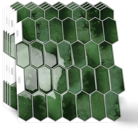 Dark Green Long Hexagon Peel and Stick on Wall Tiles Backsplash,3D Waterproof Self Adhesive Splashbac Peel and Stick Backsplash for Home Kitchen,Bathroom,Living Room(10 Sheets,30.5X 30.5cm)