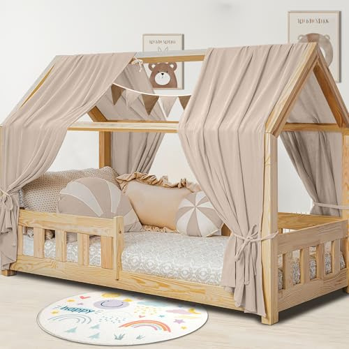 Hausbett Himmel Deko Set, Betthimmel Hausbett aus Musselin - 2 Betthimmel & 1 Wimpelkette, für Jungen Mädchen Deko für Kinderzimmer, Baldachin Kinderzimmer Deko I 67 x 320cm Hellgrau