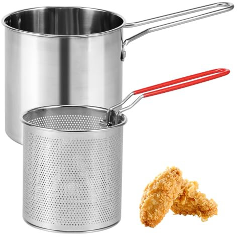 Freidora de Acero Inoxidable 304 Con Cesta Coladora - Mini Olla Multifuncional Para Patatas Fritas y Pollo Frito (Olla + Cesta)