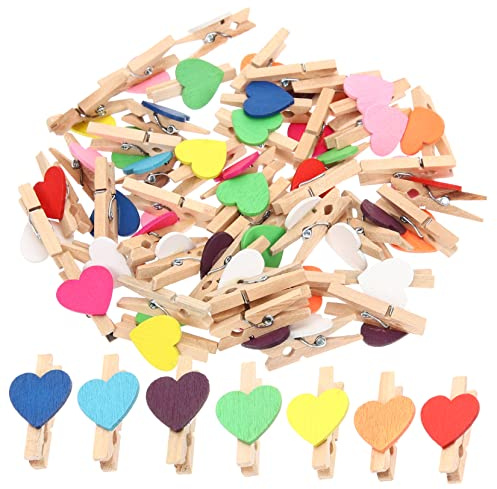 Garneck Lot de 100 Mini Pinces à Linge en Bois De Cœur, Colorées, Légères Et Polyvalentes, pour Photos, Bricolage, Décoration Et Travaux Manuels