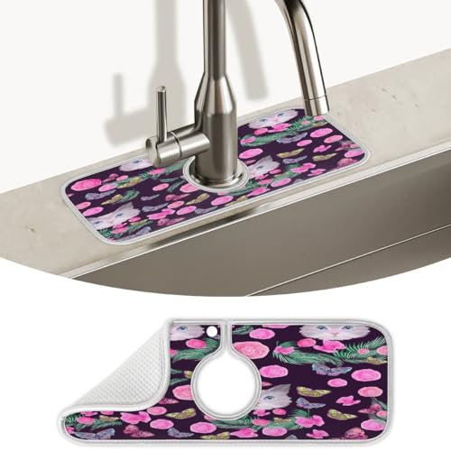 Spritzschutz für Küchenspüle, Motiv: Katzen, Schmetterling, Blumen, Küchenspüle, Wasserhahnmatte, super saugfähig, Mikrofaser, Abtropfmatte, Spritzschutz hinter dem Wasserhahn, Tropfenfänger für