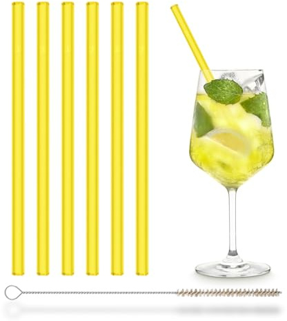 HALM Gialli NEON Cannucce di vetro 6 pezzi 20 cm 6 Cannucce + spazzola di pulizia senza plastica - Lavabili in lavastoviglie - Sostenibili - Cannucce di cristallo Festa a luce nera