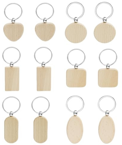 Megcdtr Schlüsselanhänger Holz, 12 Stück DIY Holz Schlüsselanhänger, Wooden Keychain Schlüsselring, Holz Schlüsselanhänger Blanko für Malerei Basteln Dekorieren(6 Stile)