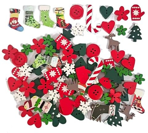 RUIYWEN 100 Stück Weihnachtsknopf Holzornament Weihnachten Holzknöpfe für DIY Scrapbooking Knöpfe Nähen Handwerk Weihnachtsdekoration (Set B)