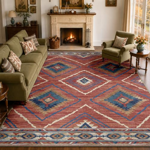 DEFYNEE Teppich Wohnzimmer 180 x 270 cm, Waschbar Teppiche Groß, Rot-Orange | Vintage Wohnzimmerteppich, Waschbar, OEKO, Retro, Rutschfest Kurzflor Weich für Schlafzimmer, Esszimmer, Küche, Büro