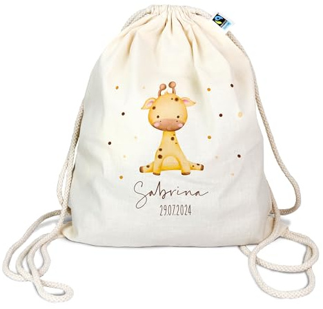 verschenkich Turnbeutel personalisiert mit Name & Datum | Tierkind Giraffe | Personalisierbar, Bio-Baumwolle, verstellbare Kordeln, Sportbeutel & Wäschebeutel, 46 x 38 cm, Kindergarten & Schule