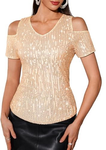 DRESSTELLS Pailletten Oberteil Damen Glitzer Bluse Gold Damenbluse Elegant Festliche Karneval Party Disco Outfit Champagne S