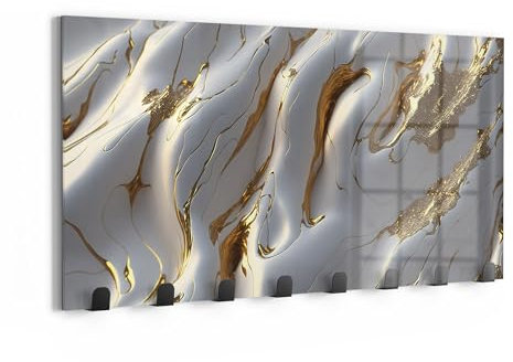 DEQORI Wandgarderobe Glas & Metall | Motiv Goldene Wellen | 60x30 cm | Design Haken-Leiste modern | Garderoben-Paneel für Flur, Wohnzimmer & Schlafzimmer | magnetisch & beschreibbar