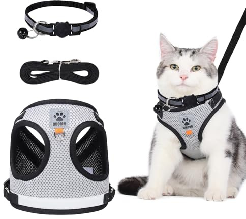 TAIXING Katzengeschirr und Leine, verstellbar, reflektierend, gestreift, Katzengeschirr und Leine, graues Ausbruchsicheres Katzengeschirr mit Leine, Katzenhalsband für kleine, mittelgroße Katzen,