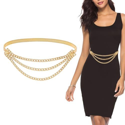 Calkkrer Schmaler Elastischer Taillengürtel, Verstellbarer Kettengürtel Damen, Mehrlagiger Taillengürtel Metall, Hüftgürtel Gold, Strassgürtel, Y2K Taillenkette