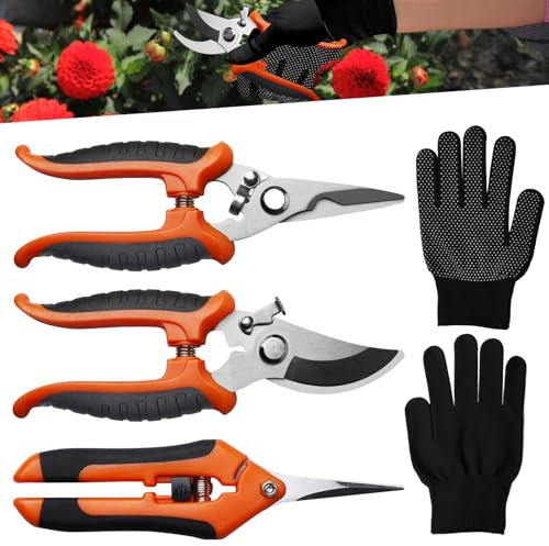 WANDGU Set di Cesoie da Giardino Bypass: 3 Pezzi Professionali Forbice Cesoie per Bonsai con Guanti da Giardino, Cesoie per Rose Affilate in Acciaio Inox per Fiori, Bonsai, Rami di Alberi (Arancione)