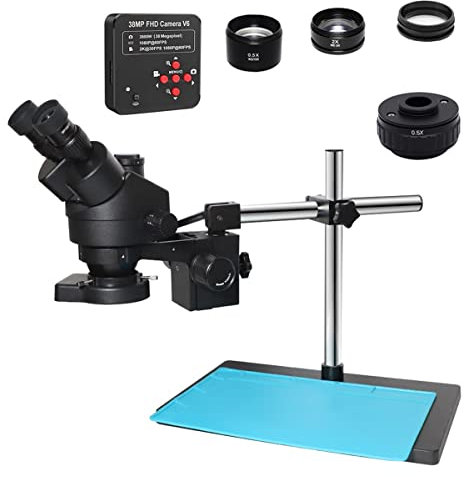 Mikroskop Trinokulares Stereomikroskop mit kontinuierlichem Simul-Fokal-Zoom, 3,5- bis 90-facher Vergrößerung + Kamera-Doppelarmstativ, 0,5-fach, 2,0-fach-Objektiv(Add 38MP 0.5X Cmount)