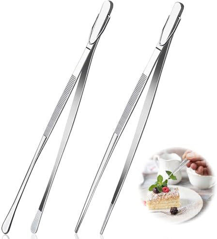 12 inch Fine Cooking Tweezers Set,2 Pcs Cooking Tweezers Kitchen Fine Tweezer Tongs Stainless Steel Food Tweezers Professional Chef Tweezers Kitchen Tools for BBQ, Plating and Serving(Silver)