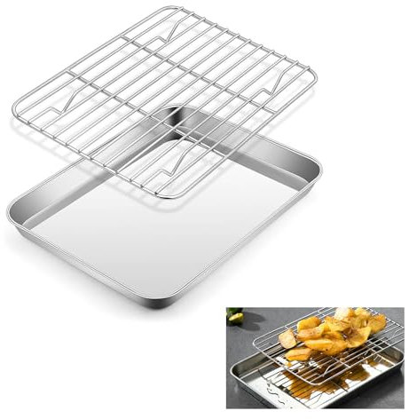 Teglia da Forno con Griglia di Raffreddamento in Acciaio Inox 26x20,5x2,5cm Teglia Forno Rettangolare, Teglie da Forno, Teglia con Griglia, Placca da Forno, Griglia da Forno per Pane, Biscotti