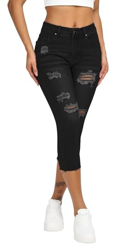roswear Capri-Jeans für Damen, zerrissene Stretch-Denim-Caprihose, mittelhohe Taille, Skinny Cropped-Hose, Schwarz, Groß